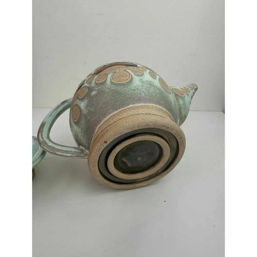 OOAK Blue Beige Ceramic Hand Thrown Pottery Tea Plate Cup Teapot Tea Set 3-Piece